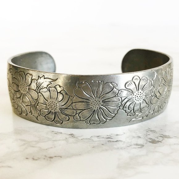 Kirk Stieff Jewelry - Vintage Authentic Kirk Stieff Signed September Aster Etched Pewter Cuff Bracelet